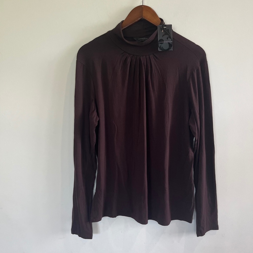 Investments Womens XL Mock Neck Long Sleeve Pleated Top Brown NWT